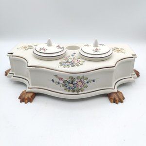 Vintage Ceramic Double Inkwell Pen Holder Footed Floral Design Sadek Japan